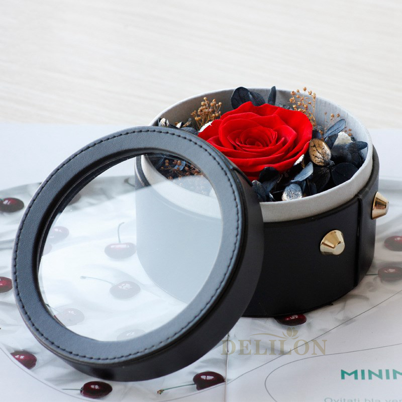 Leather Round Box Preserved Flowers Eternal Rose Birthday Gifts For Girls And Wo