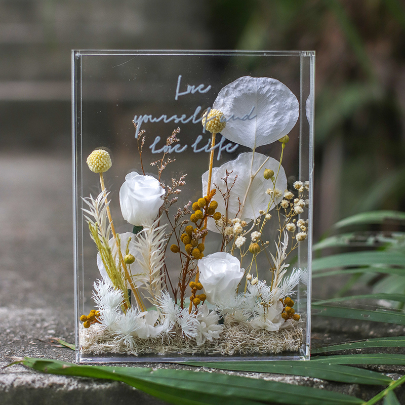Dried Flowers Decorative Acrylic Frame Box Birthday Gift Desk Decor Preserved Flowers Bouquet