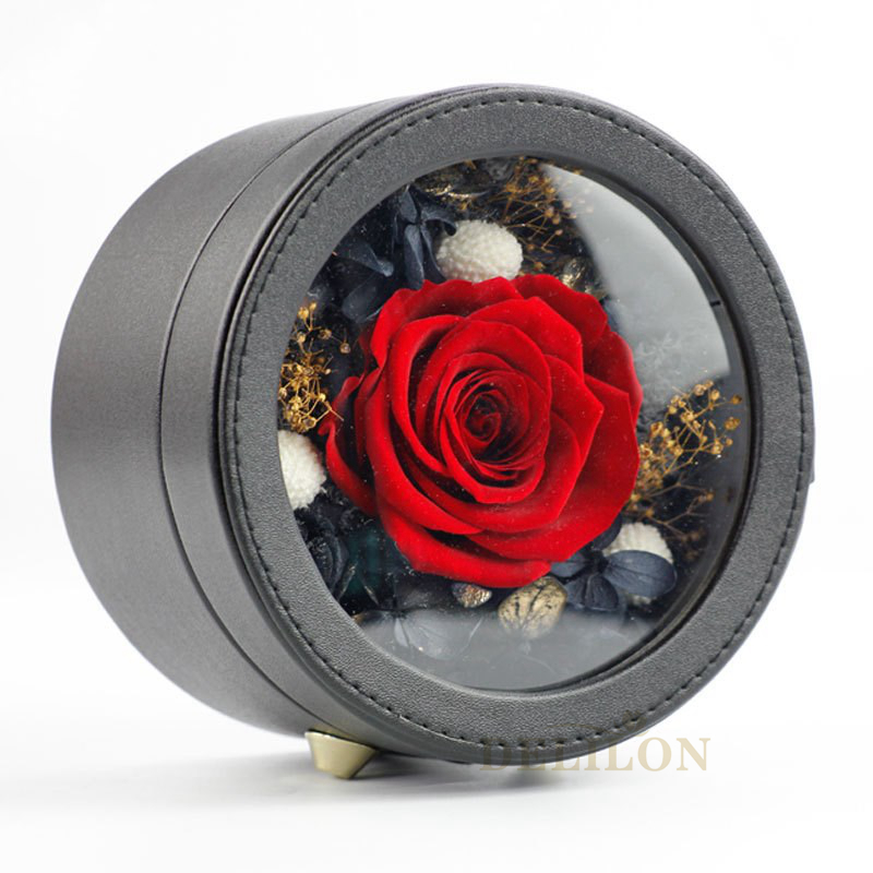 Leather Round Box Preserved Flowers Eternal Rose Birthday Gifts For Girls And Wo